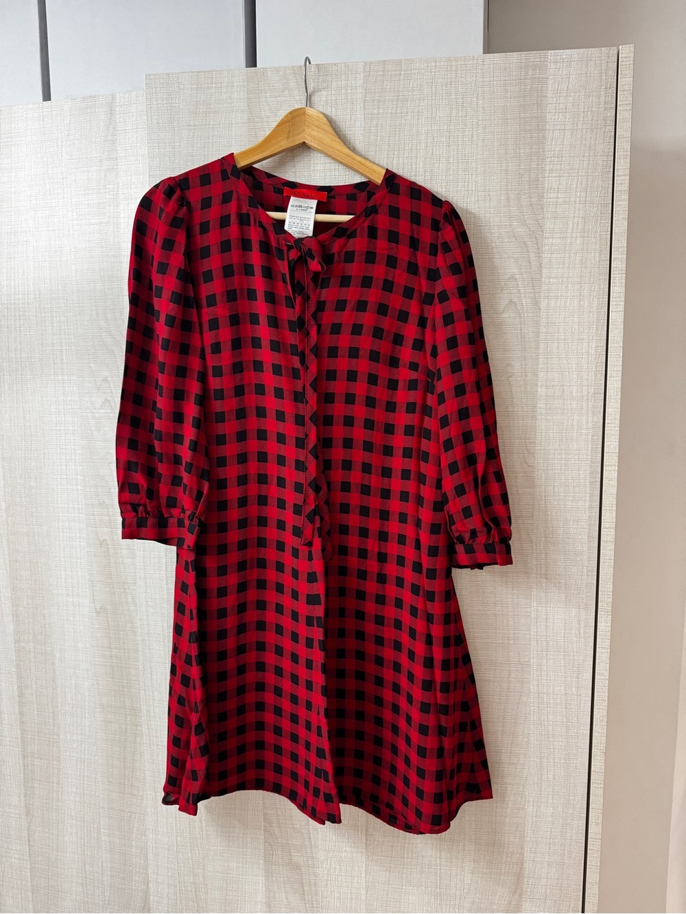 Red and Black Plaid Women's Dress with Tie Neck